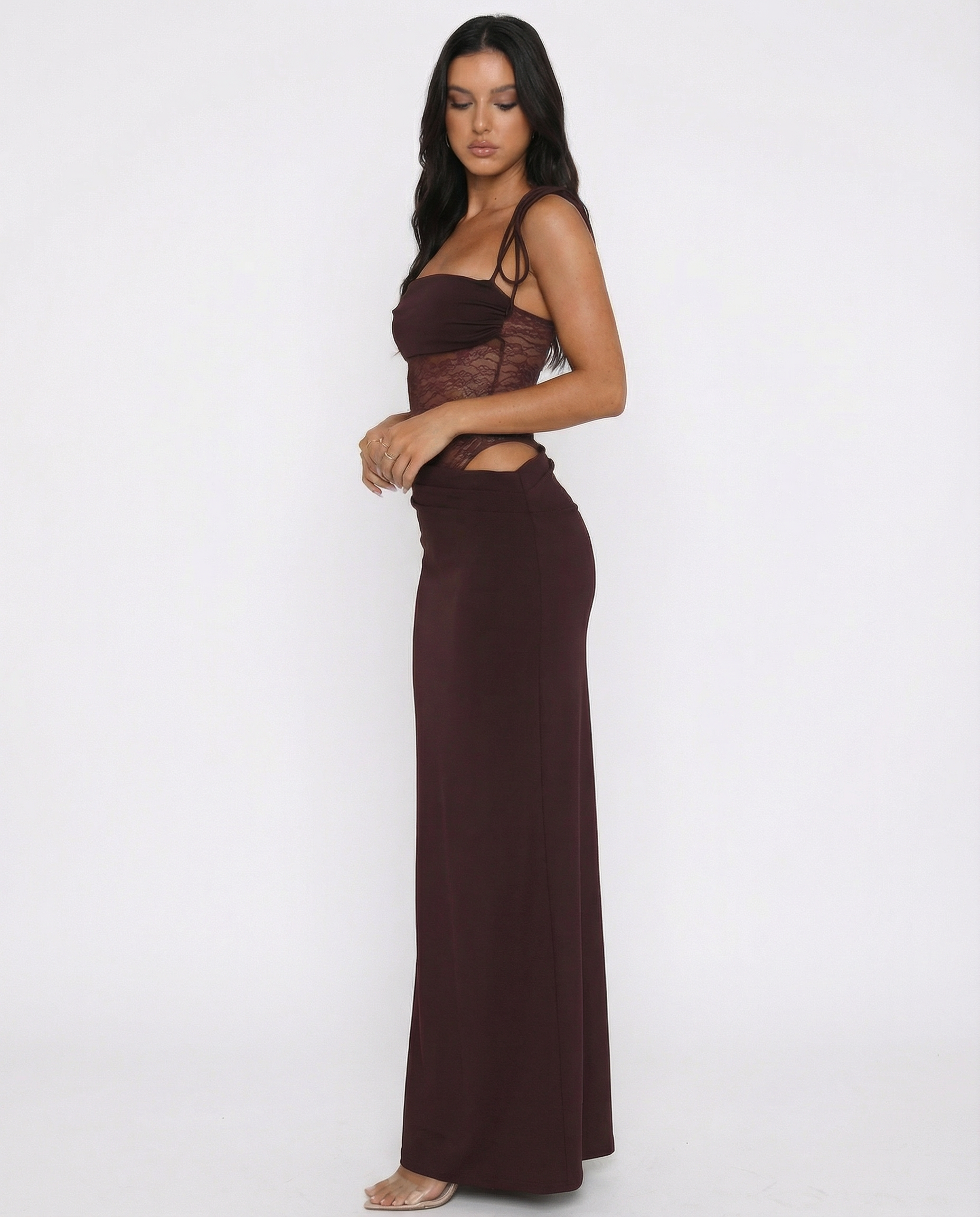 Vestido Maxi con Panel de Encaje y Corset