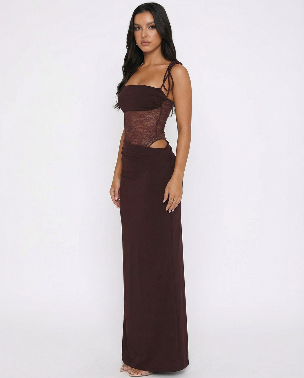 Vestido Maxi con Panel de Encaje y Corset
