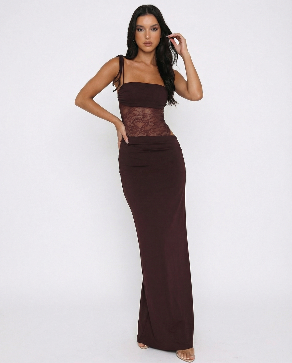 Vestido Maxi con Panel de Encaje y Corset