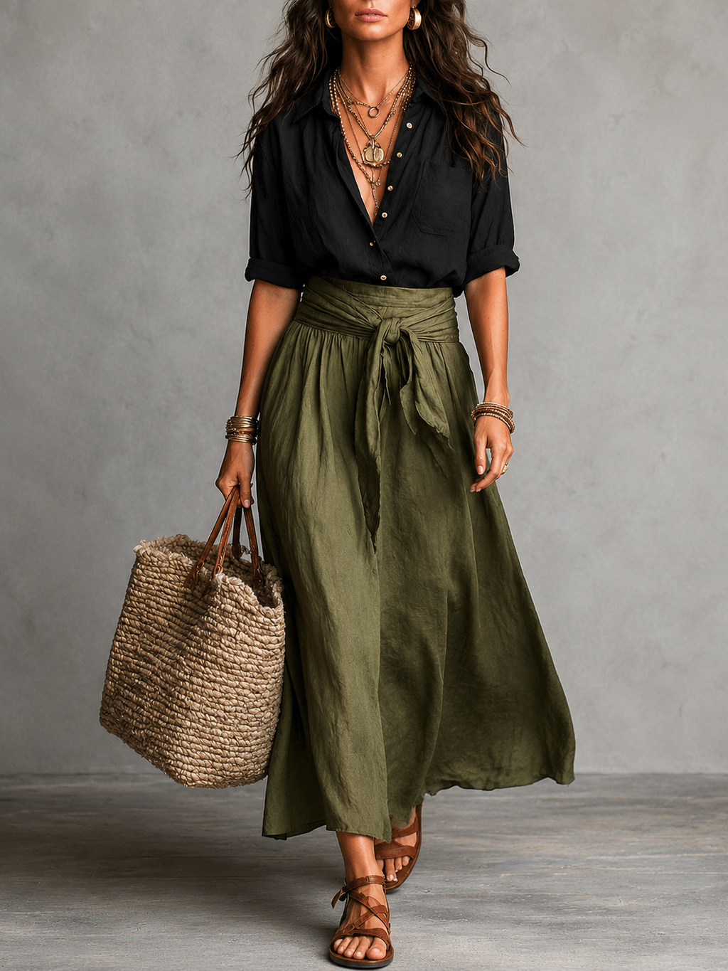 Vera™ | Conjunto de Dos Piezas: Top Negro y Falda Midi Verde Oliva
