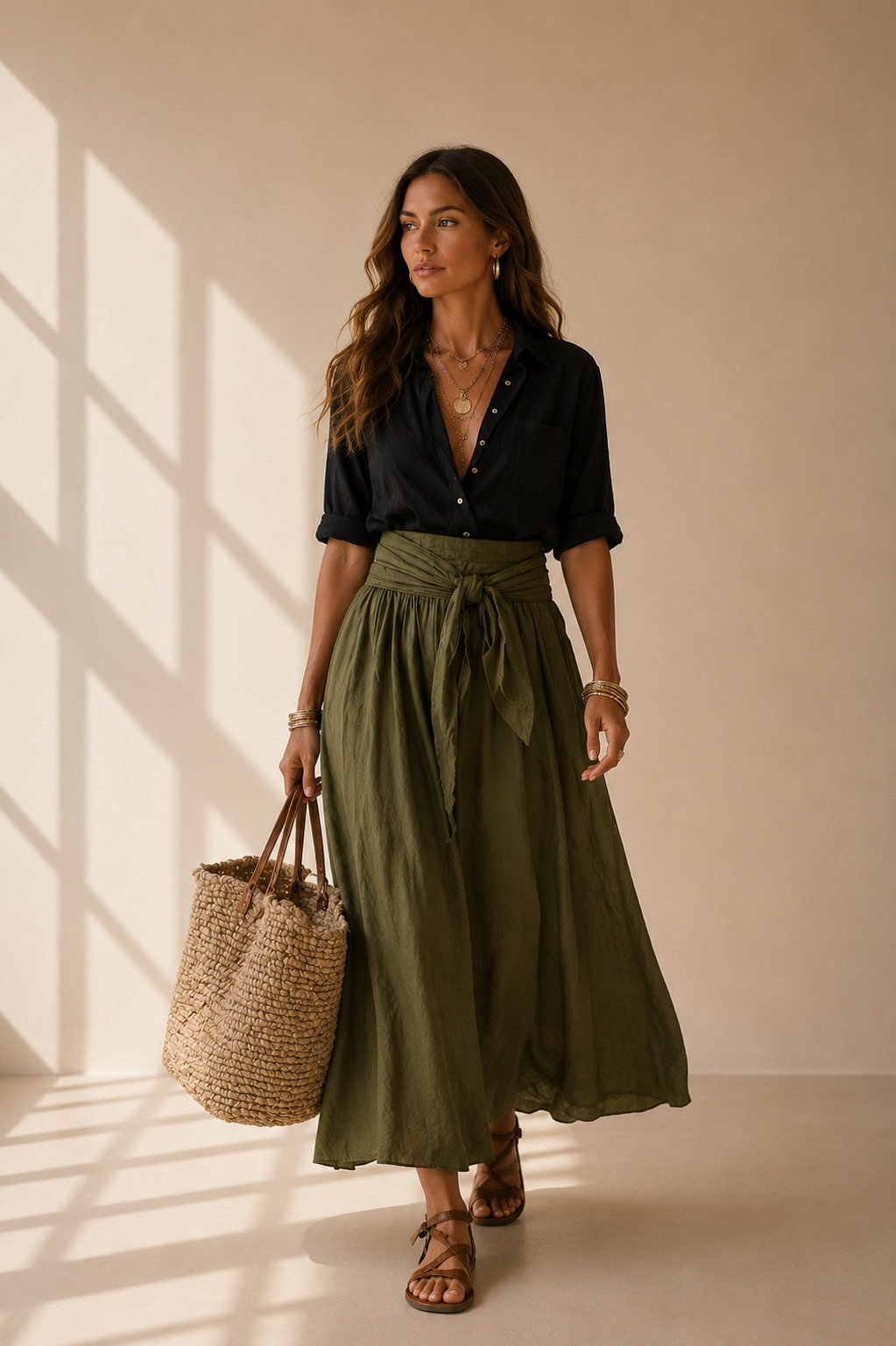 Vera™ | Conjunto de Dos Piezas: Top Negro y Falda Midi Verde Oliva