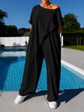 Conjunto top y pantalón liso con hombros descubiertos