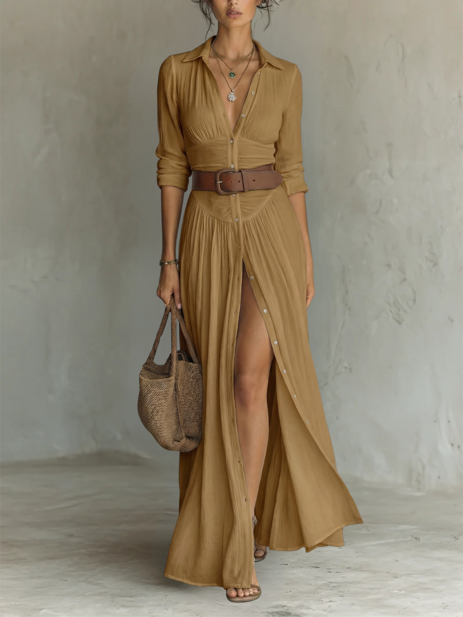 Vestido Maxi Largo con Cuello Solapa y Mangas Largas en Lino para Mujer