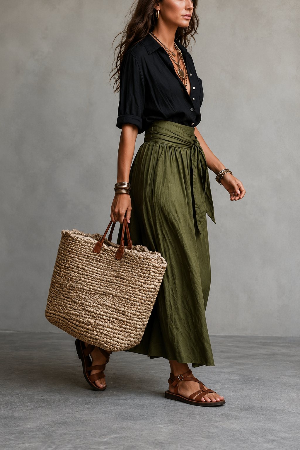 Vera™ | Conjunto de Dos Piezas: Top Negro y Falda Midi Verde Oliva