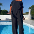 Solid off-the-shoulder top and pants set