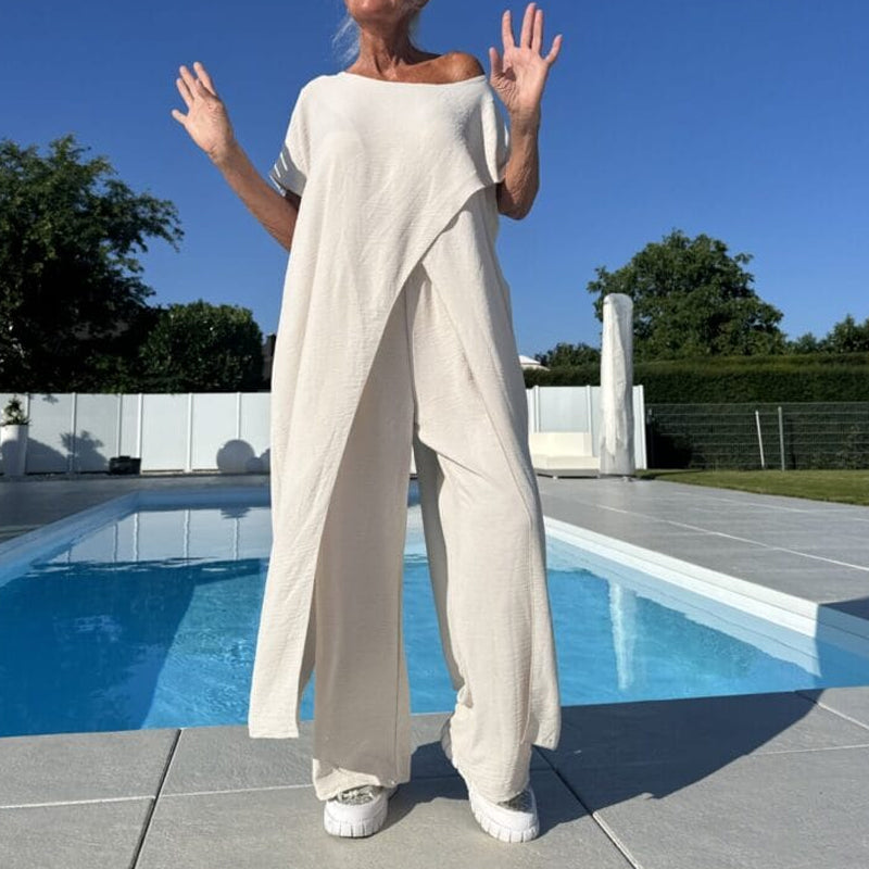 Solid off-the-shoulder top and pants set
